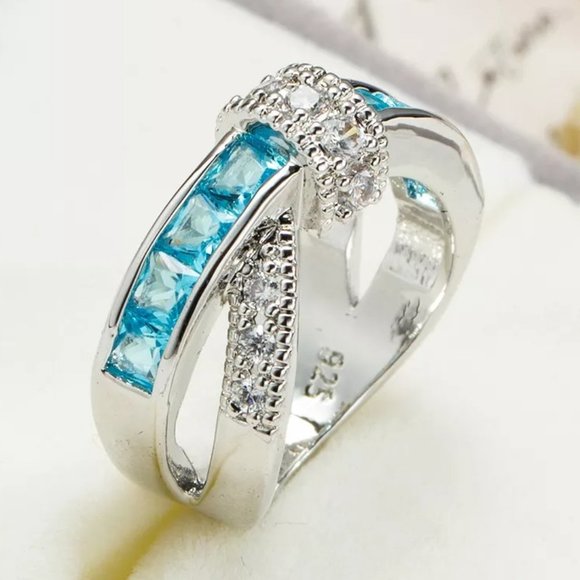🍁925 Silver Plated Sea Blue CZ Punk Party Cocktail Ring Women, GPMB1405 - Picture 1 of 3